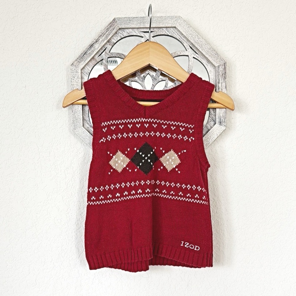 Izod • Red Fair Isle Argyle Cotton V Neck Pullover Knit Holiday Sweater Vest